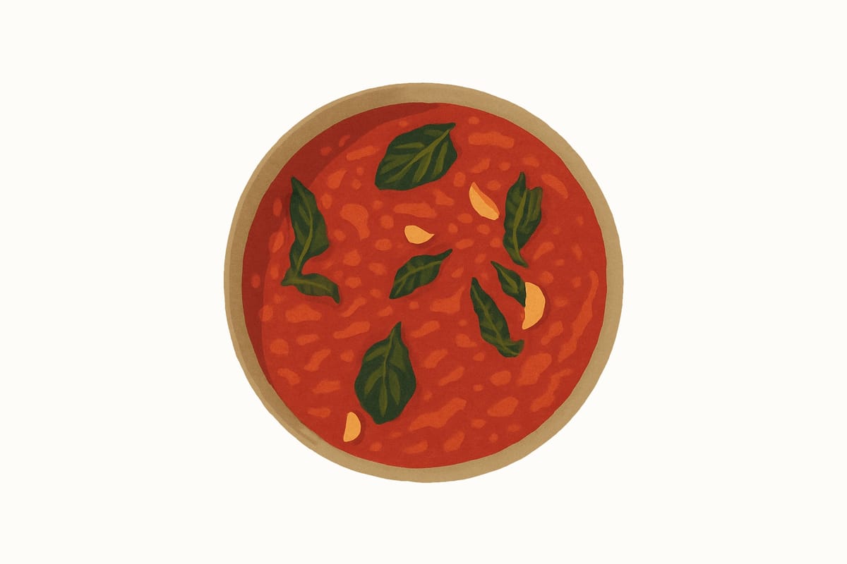 Illustrated tomato sauce with garlic and basil.