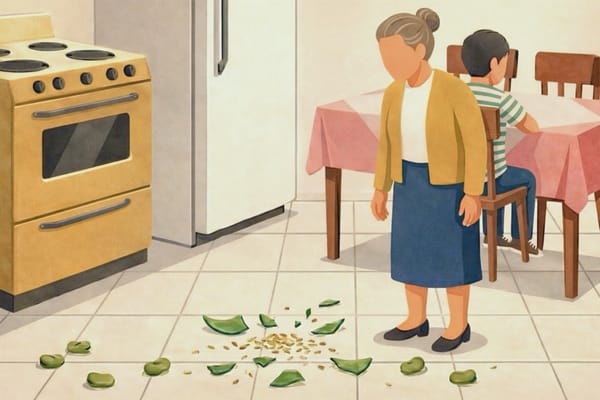 Broken dish on kitchen floor.